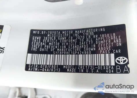 2016 Toyota Corolla Le Eco from USA, damaged, VIN 5YFBPRHE1GP424960